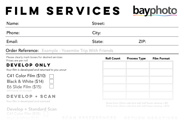 Bay Photo Film Services Order Form